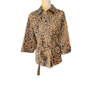 Carole Little Women Leopard Jacket Size 18 Long Sleeve Button Front Military
